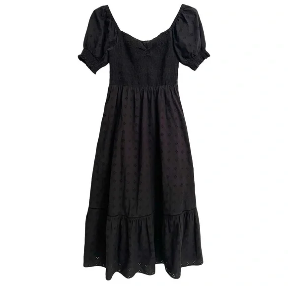 Lost + Wander's La Luna Smocked Bodice Black Cotton Eyelet Maxi Dress Medium - Picture 4 of 7